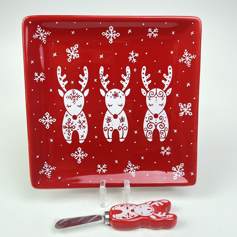 TempTations By Tara Serving Holiday Square Charcuterie Plate Cheese Knife Set